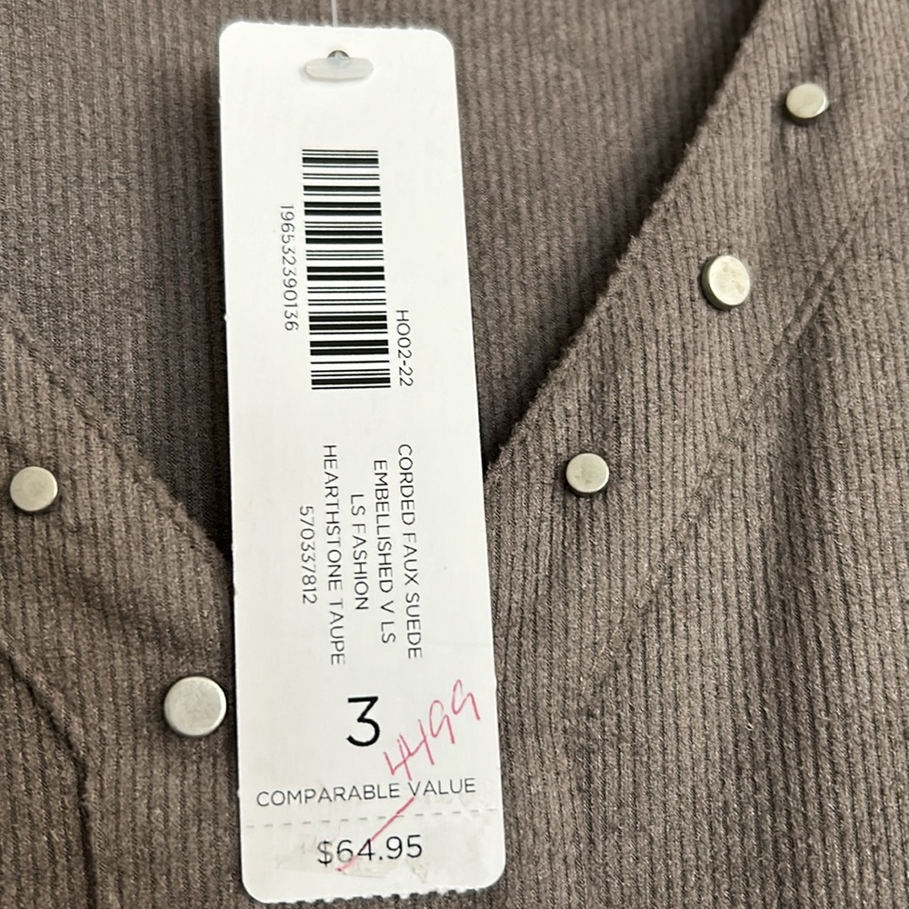 Chico’s size 3 NWT embellished faux suede long sleeve shirt. Hearthstone Taupe. - Picture 5 of 9